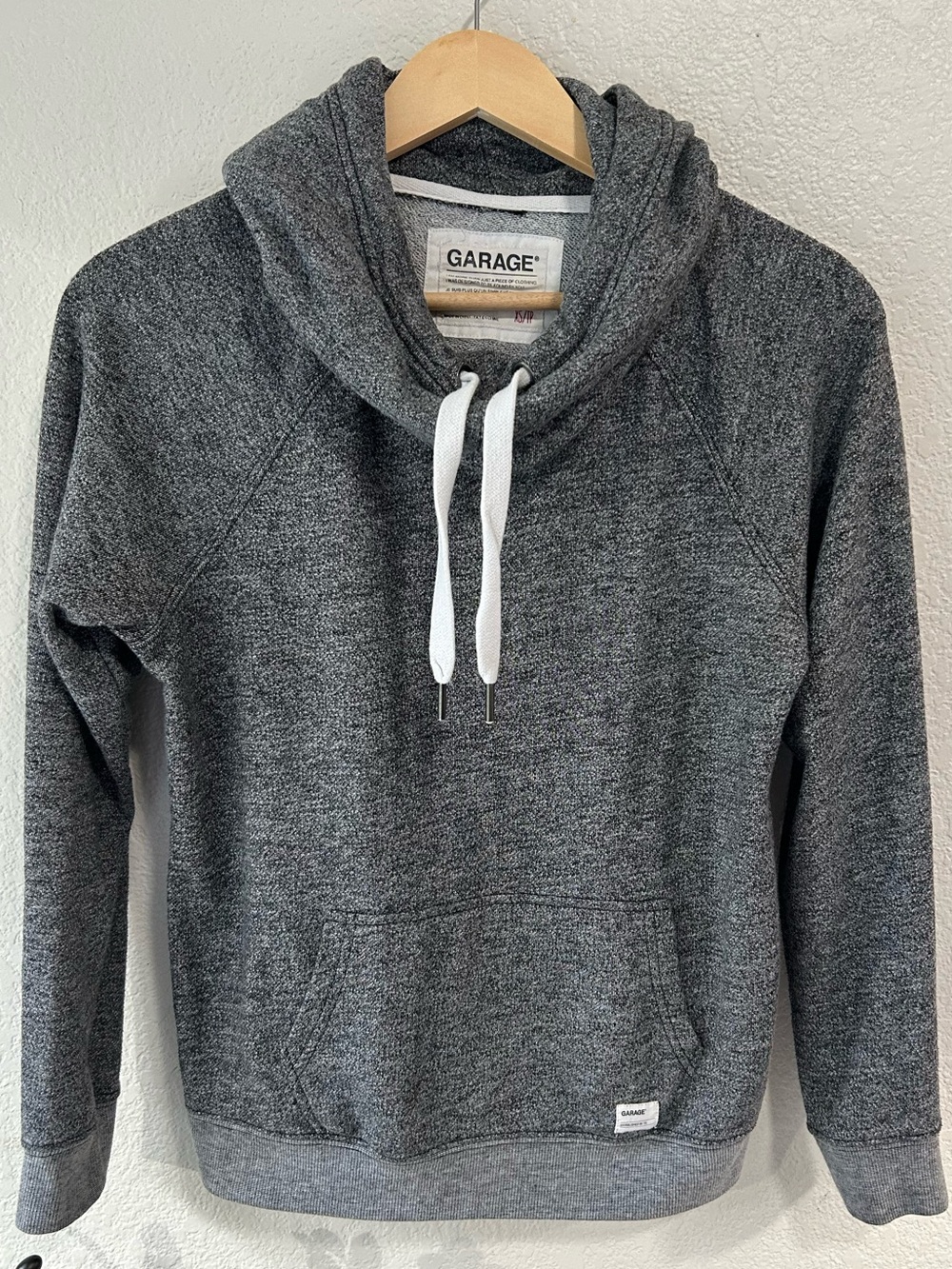 Garage Dark Heather Gray Pullover Hoodie with White Drawstrings